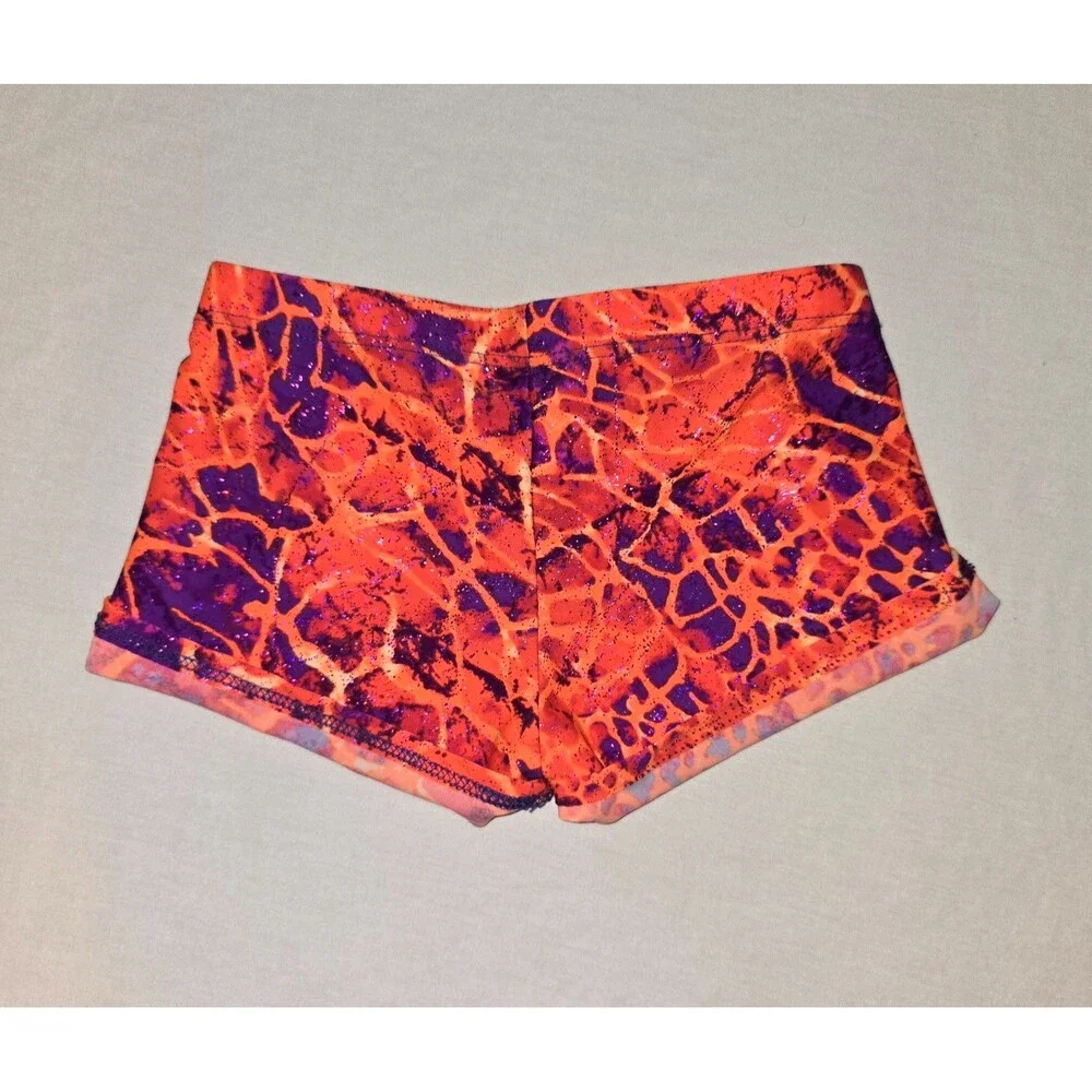 Motionwear Orange Purple Lava Crackle Dance Gym Shorts SA, Fits like Large Child